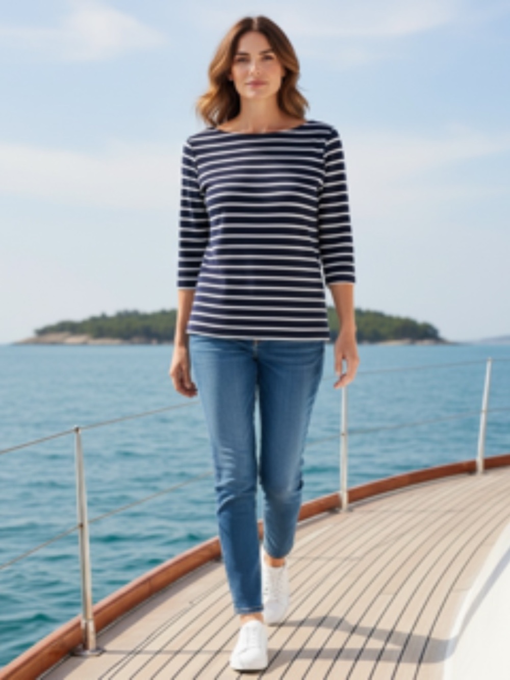 Talbots Horizontal Stripe Boat Neck 3/4 Sleeve Navy/White Top Size S